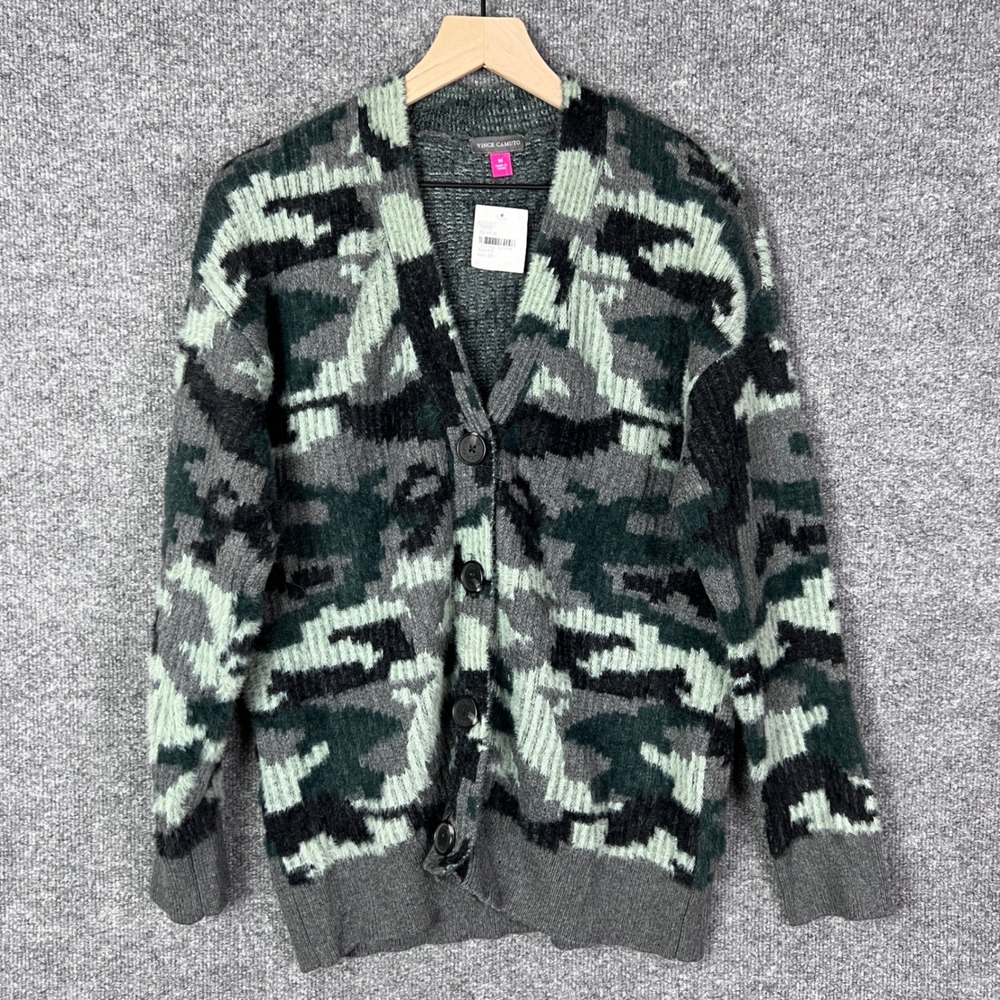 Vince Camuto Women's Camo Cardigan Sweater Gray Green Black Size M Button Up‎